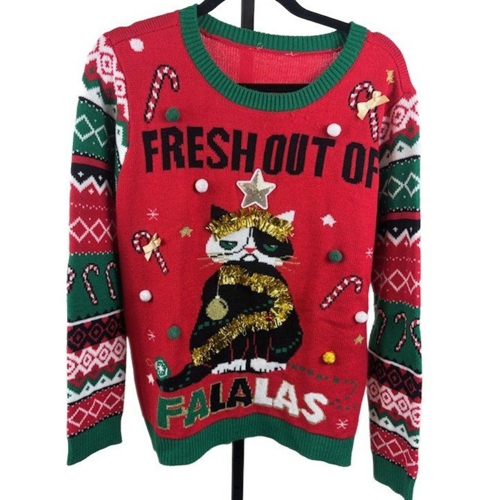 No Boundaries Women's Size Medium‎ Grumpy Cat Ugly Christmas Sweater Red Green